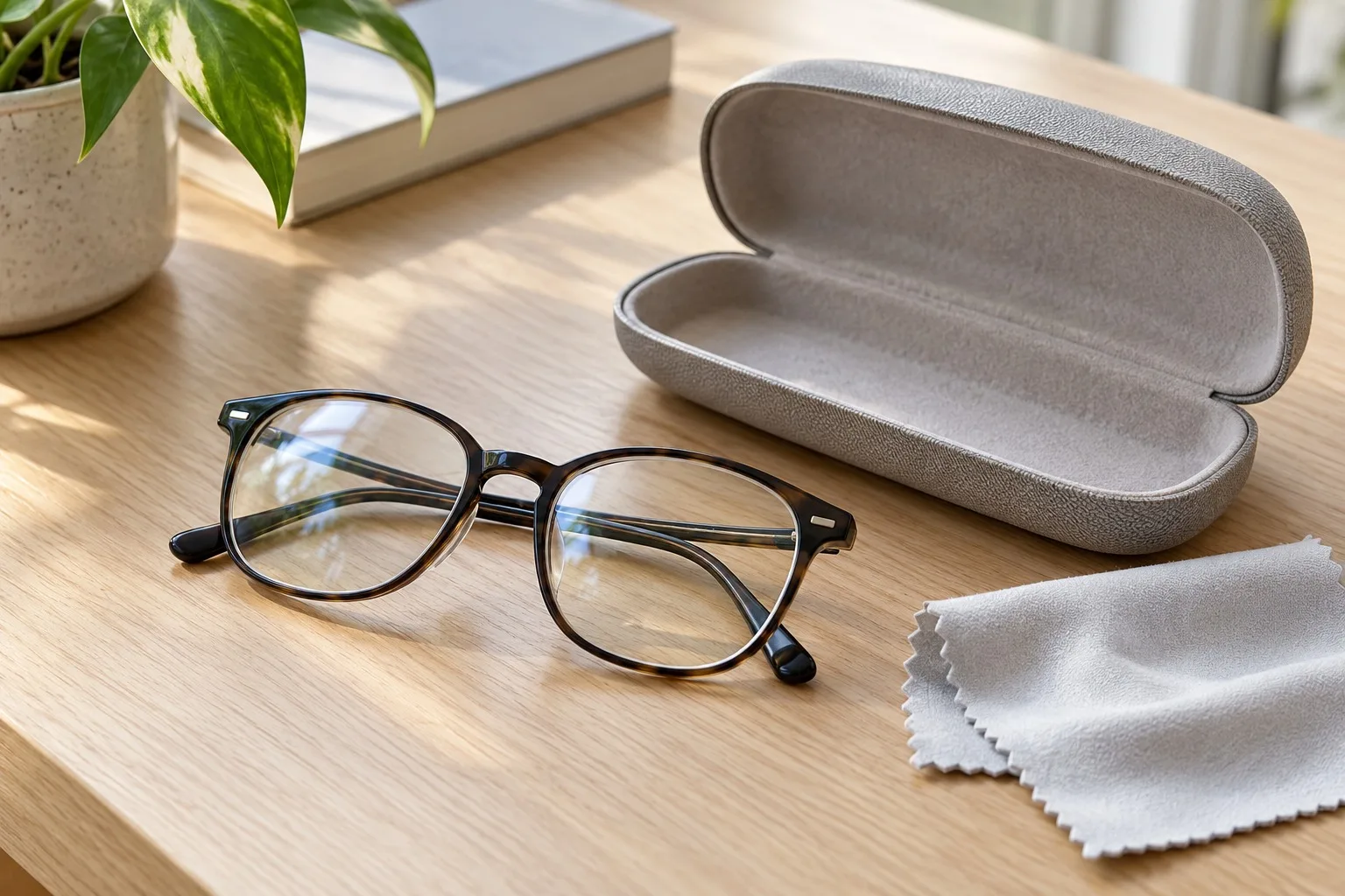 Brille neben einem geöffneten Etui und einem sauberen Mikrofasertuch.